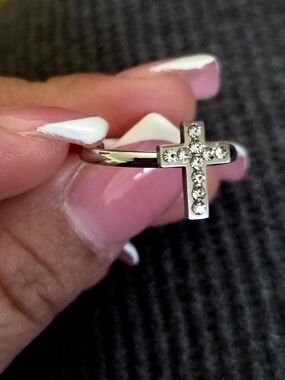 Silvertone Stainless Steel Cross Ring with Crystal Detailing - Women Jewelry